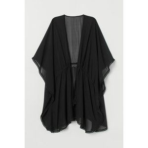 H&M Womens PomPom Trimmed Cover-Up Kaftan - Black Sheer Size M Summer Beach Life